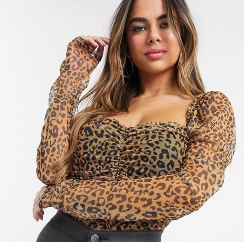 Missguided leopard ruched sheer long sleeve top black brown size 2 XS